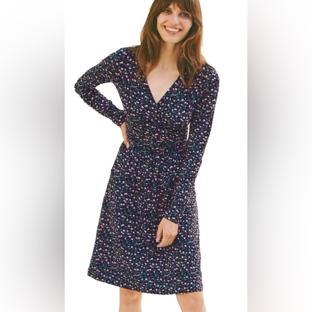 Boden | Black Colorful Print Layla Jersey Knit Surplice A-Line Dress, Size 8